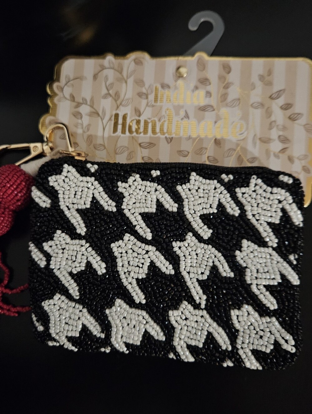 Beaded Pouch with Red Tassel & Bag Clip, Handmade In India, NEW - GIFTABLE! - Picture 5 of 5